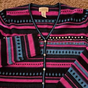 St John's Bay vtg lambs wool blend button cardigan striped knit sweater sequin L